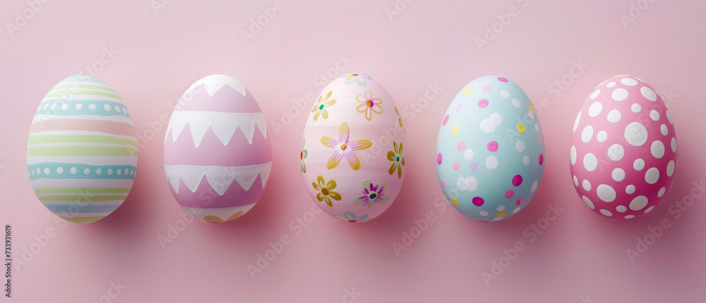 Easter eggs arranged on various surfaces,surrounded by colorful decorations and flowers, evoking the joy and tradition of the spring holiday season