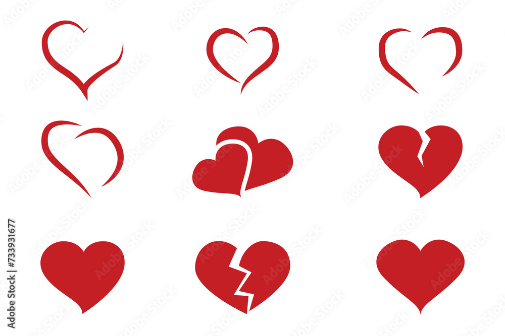 Red heart collection icon, love symbol isolated on white, vector