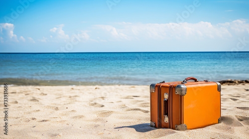 Vintage orange suitcase standing alone on a sunny beach with clear blue sky