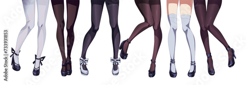 Anime girls legs in stockings color vector illustration set. Manga women cropped body parts on white background. Japanese comic art