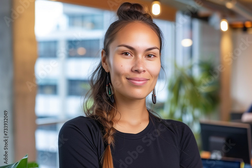 indigenous business woman portrait in modern office with creative hairstyle, diversity  photo
