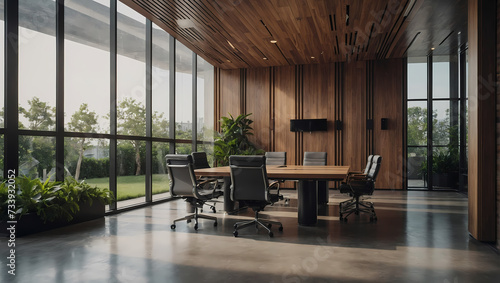 Modern aesthetics of a contemporary meeting conference room within a modern office interior, adorned with wooden walls and stylish office furniture.