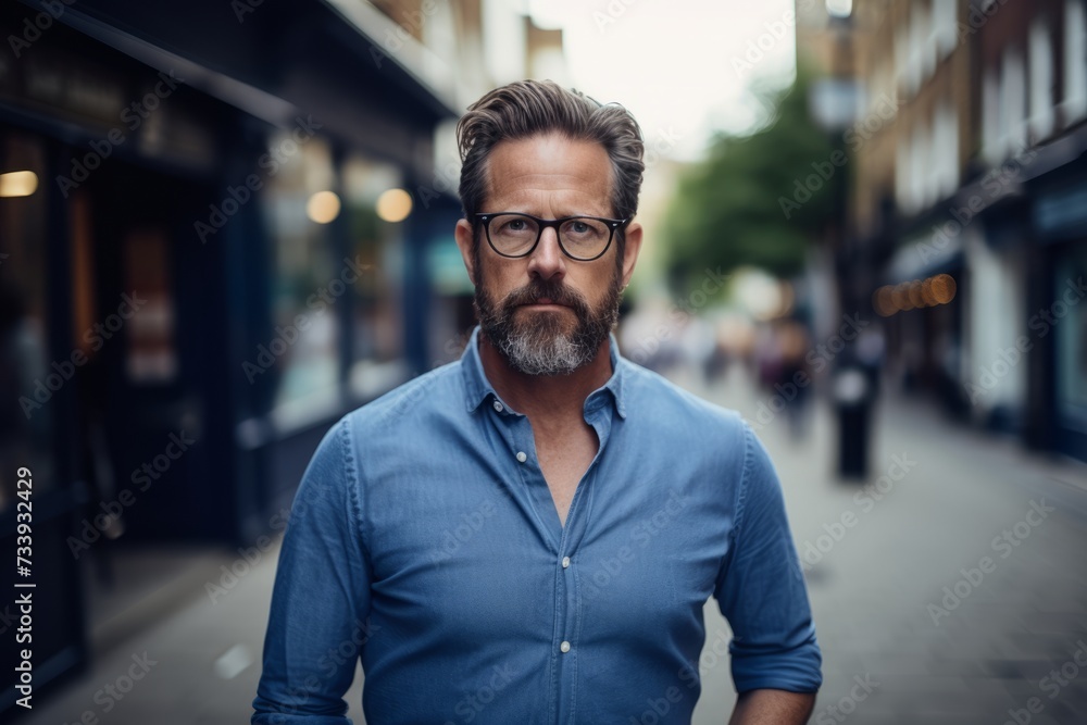 Portrait of handsome mature man with beard and eyeglasses standing in city street Portrait of handsome mature man with beard and eyeglasses standing in city street