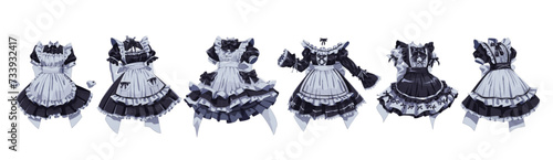 Maid cafe uniforms color vector illustration set. Anime women characters clothes for job in restaurant on white background. Japanese manga