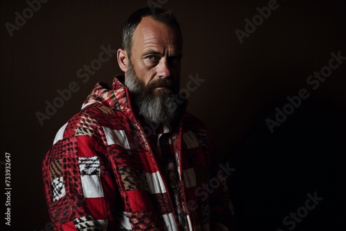 Portrait of a bearded man in a red plaid on a dark background. © Iigo