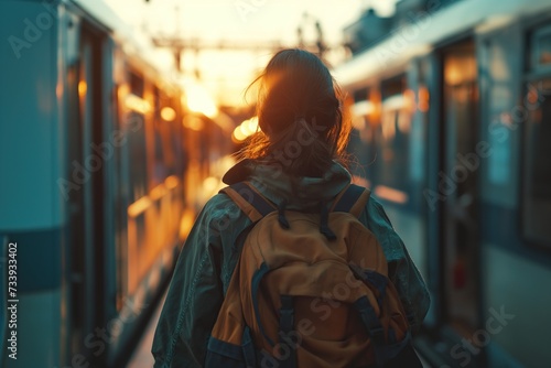 A commuter with a backpack is boarding a train as the sun rises, beginning their journey