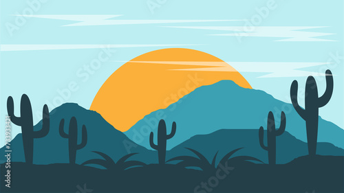 Desert Landscape with Setting Sun Flat Style. Nature and wildlife concept art