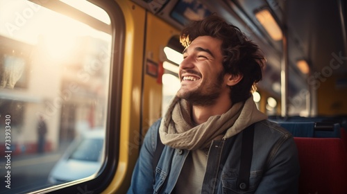 Photograph of smiling happy man sitting in bus. Public transport happy people concept. © Meta