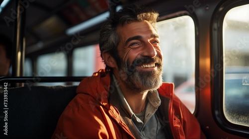 Photograph of smiling happy man sitting in bus. Public transport happy people concept. © GMeta