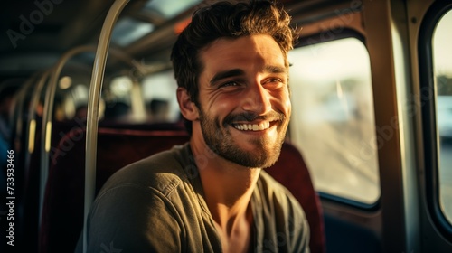 Photograph of smiling happy man sitting in bus. Public transport happy people concept.