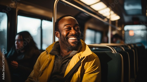 Photograph of smiling happy man sitting in bus. Public transport happy people concept.