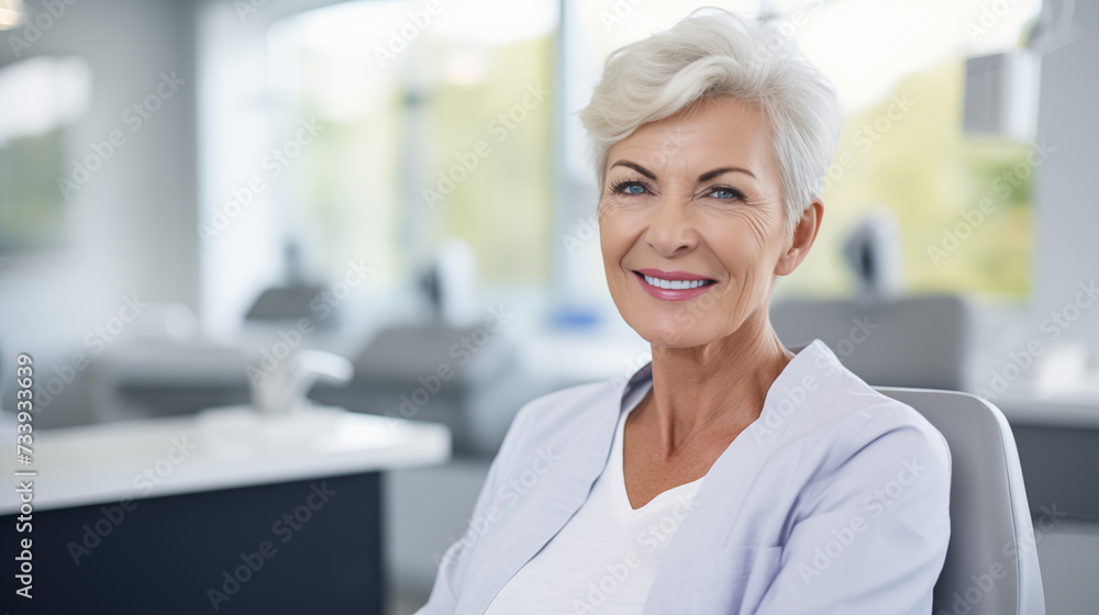 Fototapeta premium Happy elderly woman enjoying her beautiful toothy smile looking to the mirror in the dental office.