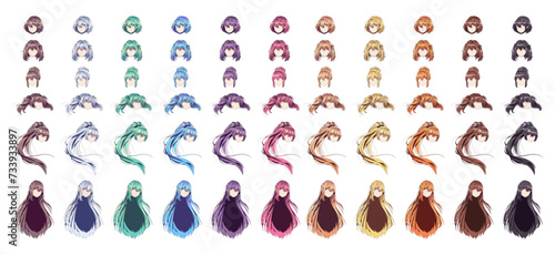 Anime character hairstyles color vector illustration set. Japanese manga multicolor wigs on white background. Design element of comics photo