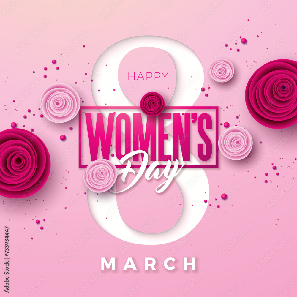 8 March. Happy Women's Day Floral Illustration. International Womens Day Vector Design with Rose Flower and Typography Letter on Light Pink Background. Woman or Mother Day Theme Template for Flyer