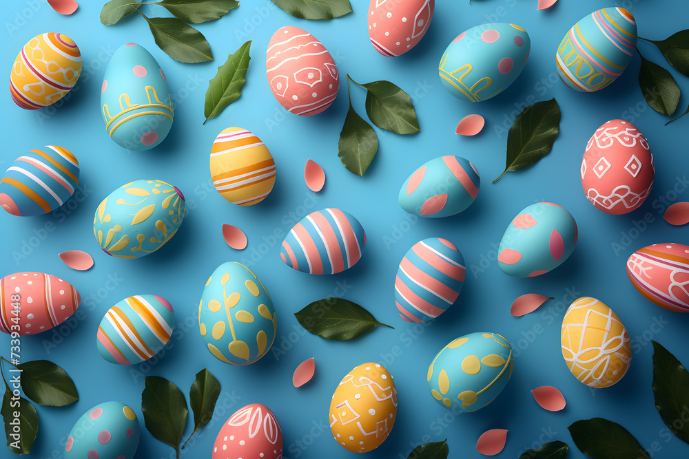 Blue and pink Easter Eggs on sky blue Background 