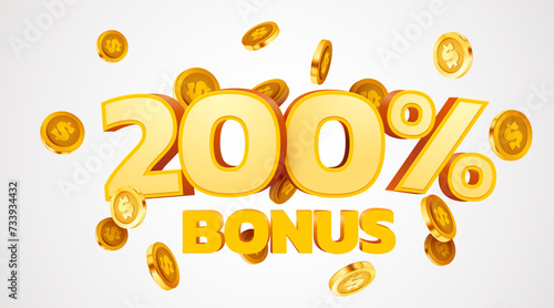 200 percents bonus. Falling golden coins. Cashback or prize concept.