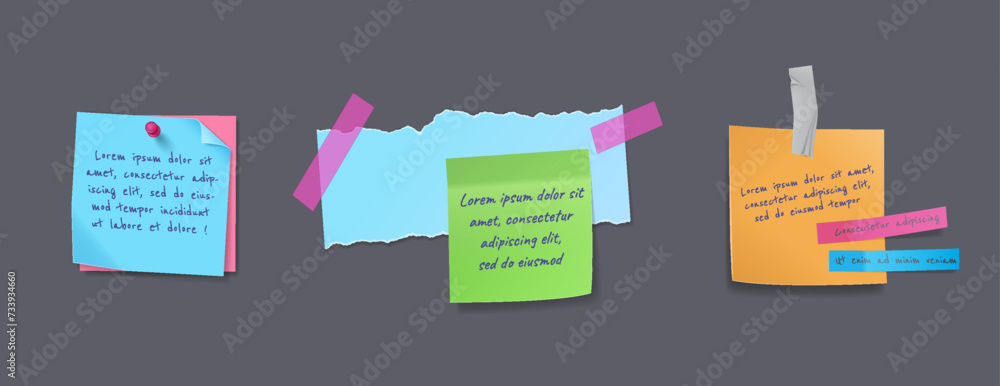 Notices on paper sheets realistic vector illustration set. Memory messages attached with pins on bulletin board 3d models on grey background. Memo notes