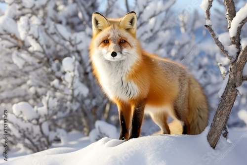 a fox stands in snow beside a tree. Generative AI © Amoret