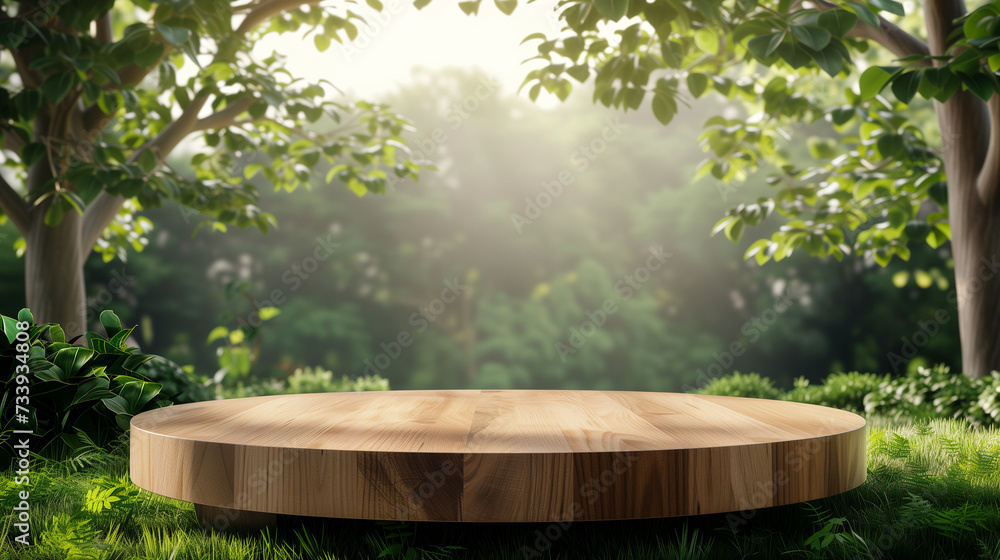 Tree Table wood Podium in farm display for food, perfume, and other products on nature background, Table in a farm with grass, trees, and Sunlight in the morning. 