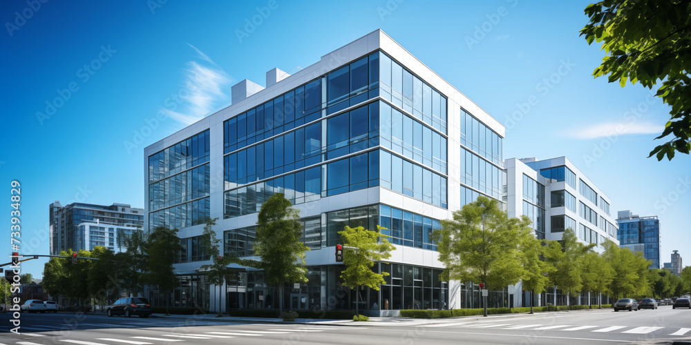 Realistic commercial building with sleek glass facade, Photo of a modern office building with a sleek and minimalist design headquarters or large office under a blue sky
