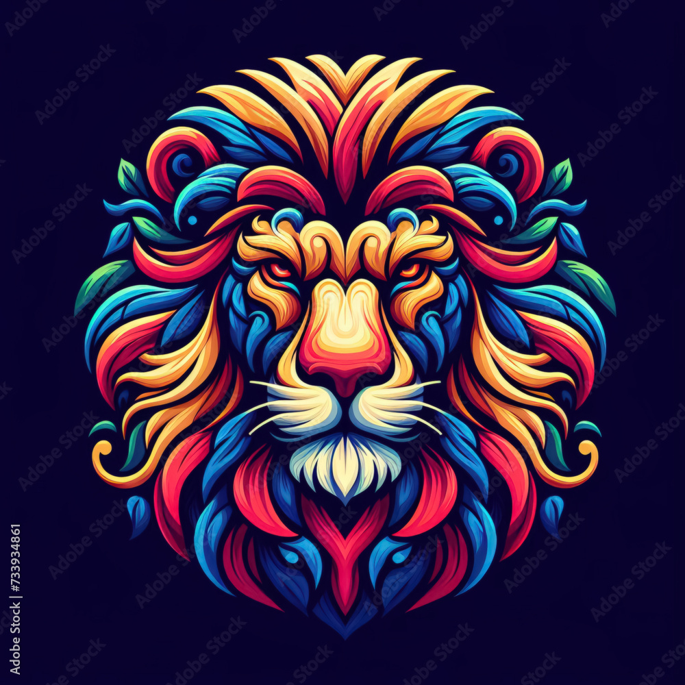 colorful lion head logo. illustration on dark background