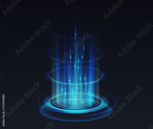 Opening of teleport podium realistic vector illustration. Magical aura light effect 3d elements on black background. Fantasy design template