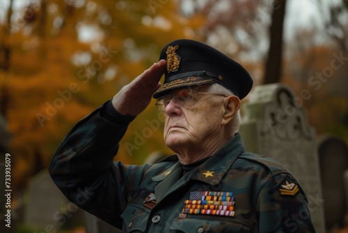 Elderly American war veterans paying tribute to fallen comrades at gravesites, a poignant scene evoking the spirit of Veterans Day and Memorial Day. photo