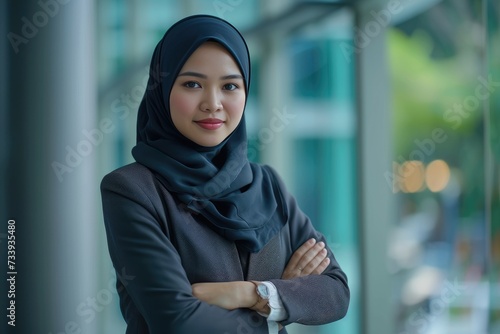 Young happy and successful South East Asian Islamic business woman with arms crossed in business corporate building setting looks at camera