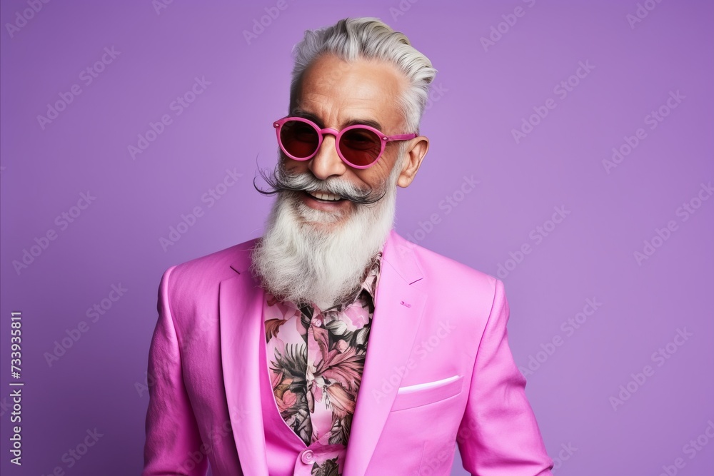 Portrait of a stylish senior man in a pink suit and sunglasses
