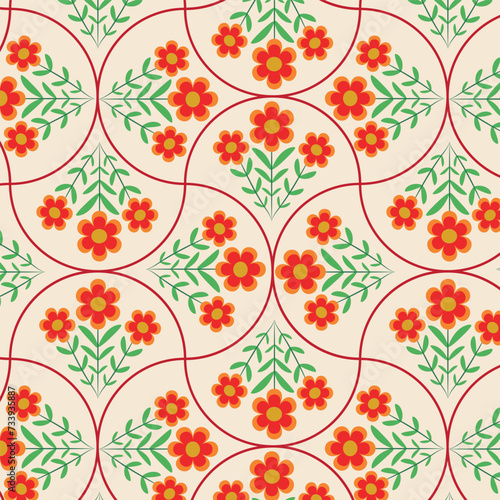 Vintage red flowers on green branches with leaves on geometric scallop shapes seamless pattern. For wallpaper, textile, and fabric