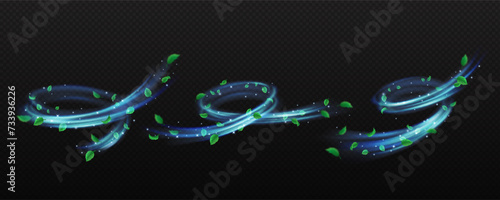 Spiral air flows with leaves and glitter realistic vector illustration set. Foliage rotating by flying dust 3d elements on transparent background