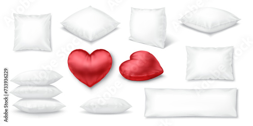Soft fluffy bed pillows realistic vector illustration set. Bedroom cushions 3d models on white background. Bedding accessories assortment