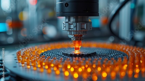In this close-up, silicon die are being removed from semiconductor wafers and attached to substrates by means of a pick-and-place machine. Part of the semiconductor packaging process.