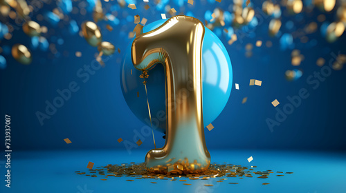 Number 1 gold and blue balloon with confetti. 3D Render