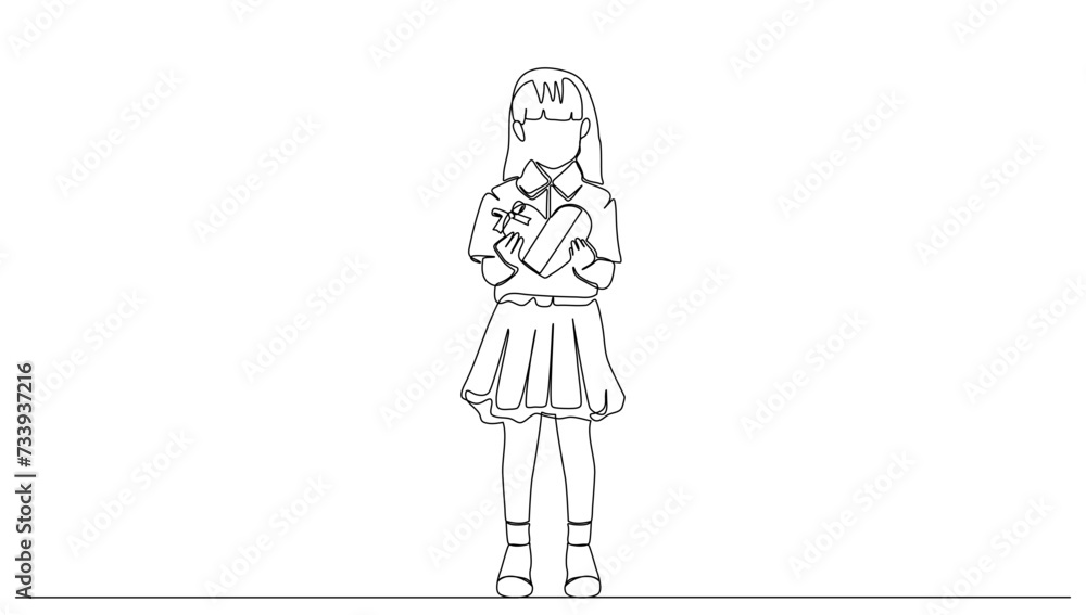 continuous line drawing of a little girl standing with heart shaped chocolates on valentine's day, isolated valentine's day celebration concept