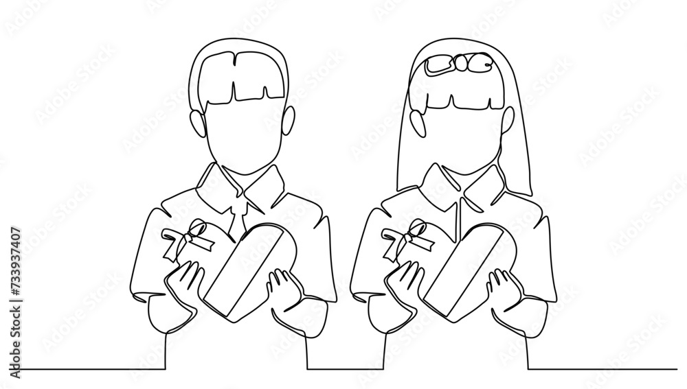 continuous line drawing of two little boys and a girl carrying heart-shaped chocolates on Valentine's Day, Valentine's Day celebration concept, vector illustration 