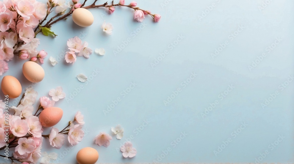 Easter Eggs with Cherry Blossoms on Blue. Pastel Easter eggs and pink cherry blossoms arranged on a pale blue background, creating a serene and festive springtime scene.