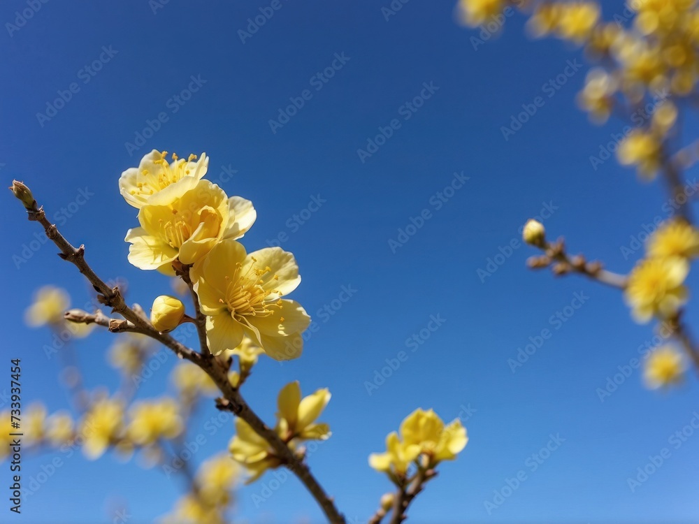 Yellow Blossoms Against Clear Blue Sky. Vivid yellow spring flowers in full bloom, standing out under the bright blue sky on a sunny day. Yellow Blossoms Against Clear Blue Sky. Vivid yellow spring flowers in full bloom, standing out under the bright blue sky on a sunny day.