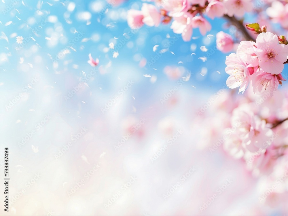 Cherry Blossom Petals Falling in Spring Breeze. Delicate cherry blossom petals drift in a gentle spring breeze against a soft blue sky, creating an enchanting scene of renewal.