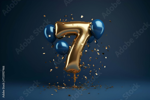 Number 7 gold balloon with blue and golden confetti. 3D Render