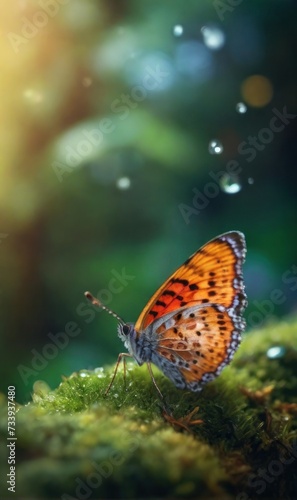 Orange Butterfly on Moss in Mystic Forest. A vibrant orange butterfly rests on lush green moss, with sunlit droplets creating a mystical atmosphere in the forest.