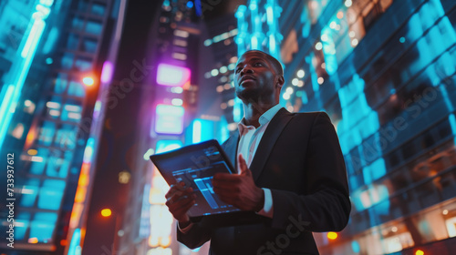 handsome black african american businessman holding smart tablet screen in hands analyzing the world economy stock market. holographic web design. city skyscrapers in blurry background photo