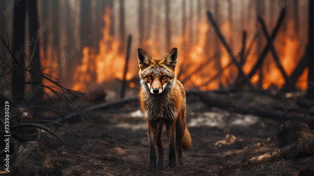 Through the haze of smoke and flames, a fox emerges, its fiery surroundings mirrored in its golden coat