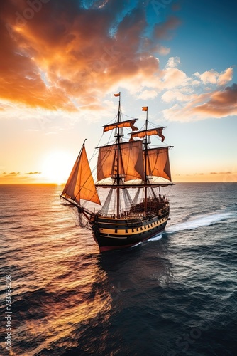 Legends of the Sea. A sailing ship in the open sea at sunset.