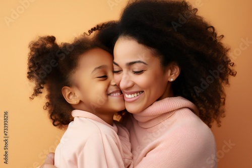 Cute little african preschooler daughter hug cuddle with smiling young mother kiss show love and affection, small girl child embrace happy millennial mom or nanny, share close intimate moment together