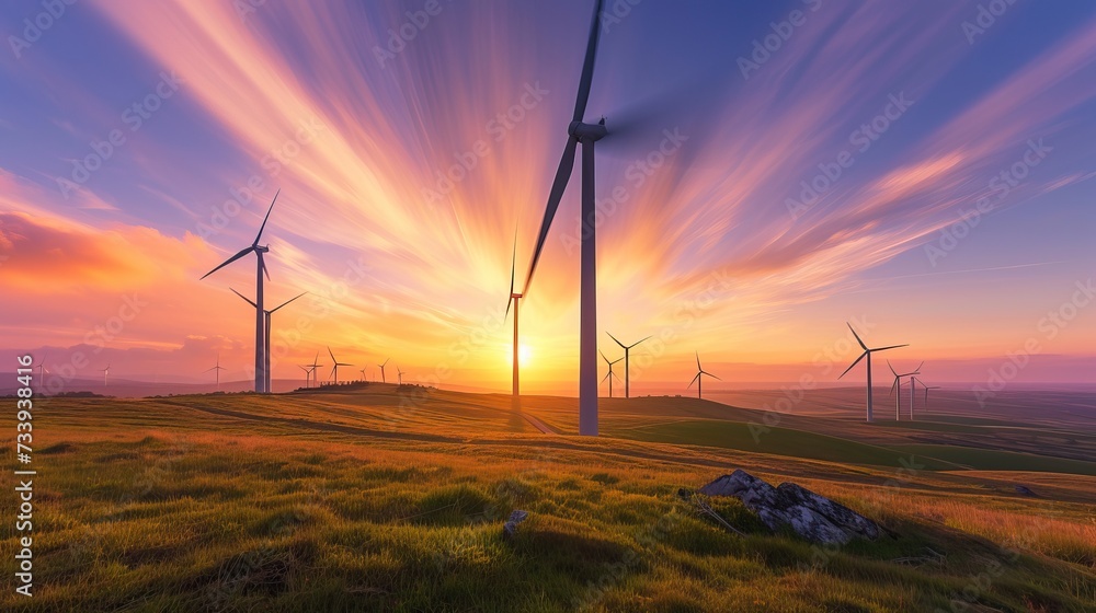 Witness the breathtaking scene of a sunset illuminating a group of windmills on a hill, showcasing the power and beauty of renewable energy. Witness the breathtaking scene of a sunset illuminating a group of windmills on a hill, showcasing the power and beauty of renewable energy.