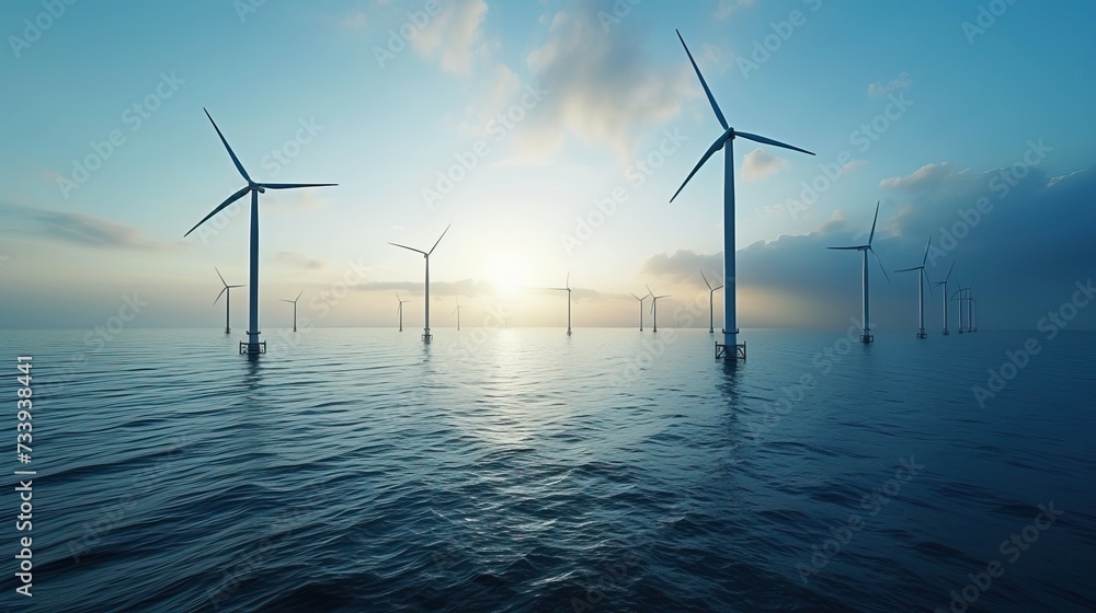 Witness a captivating display as a group of windmills gracefully spin atop the water, harnessing the power of the wind.