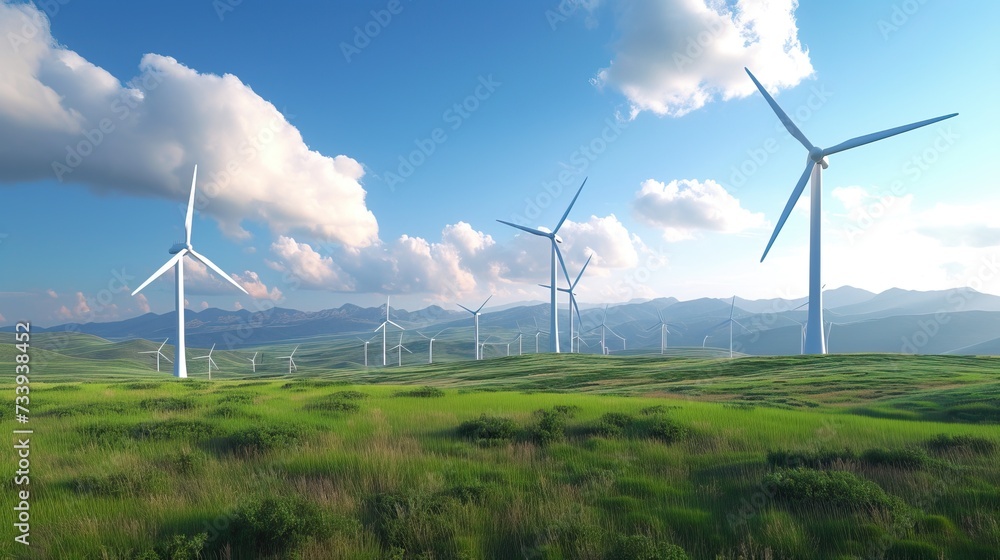 Witness the elegant dance of a group of wind turbines as they harness the power of the wind, symbolizing the dynamic world of wind energy. Witness the elegant dance of a group of wind turbines as they harness the power of the wind, symbolizing the dynamic world of wind energy.