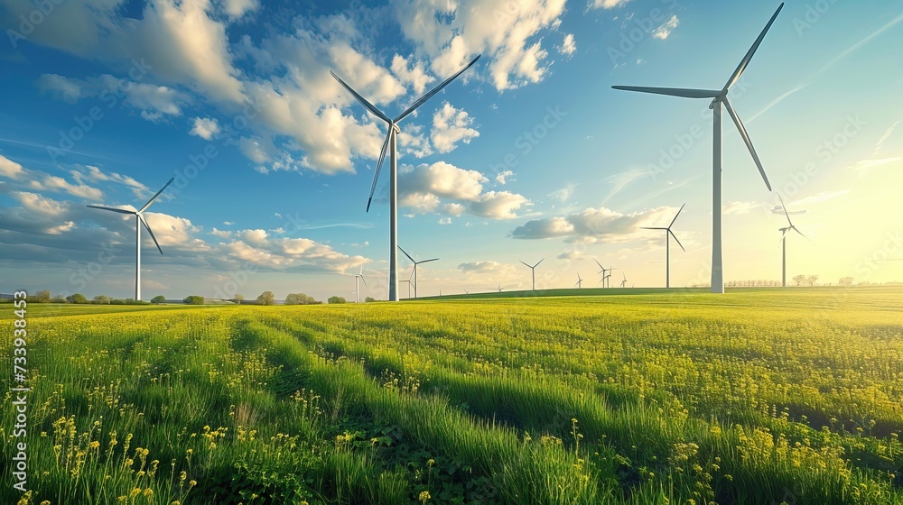A captivating scene highlighting a vast field of lush green grass, showcasing the graceful presence of wind turbines harnessing renewable energy. A captivating scene highlighting a vast field of lush green grass, showcasing the graceful presence of wind turbines harnessing renewable energy.