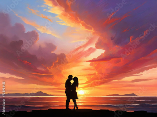 radiant connection: a couple's tender sunset kiss photo